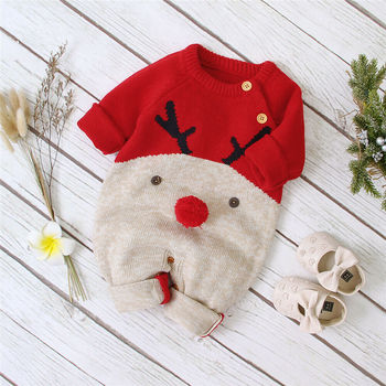 Christmas-themed romper and jumpsuit with deer design.